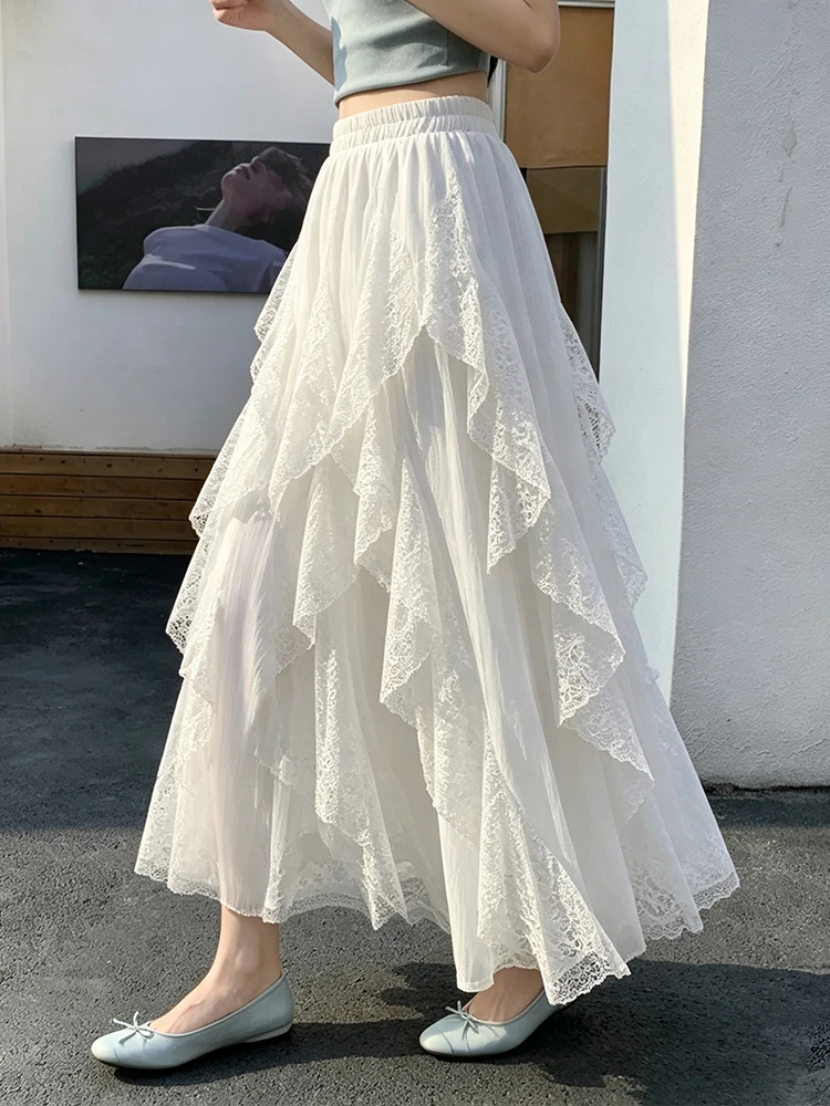 

Women's Romantic Asymmetrical Ruffled Lace Midi Skirt Eletaic Waist Casual A-Line Skirts for Summer
