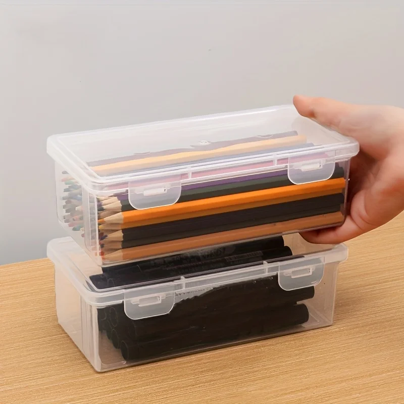 4 قطع صندوق تخزين شفاف، صندوق تخزين كبير السعة، صندوق تخزين اللوازم المكتبية، صندوق تخزين أقلام التعبئة والتغليف