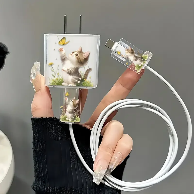 Capa protetora de carregador com padrão de gato fofo para iPhone 20W 18W Adaptador USB Carregador Gerenciamento de cabo Acessórios enroladores
