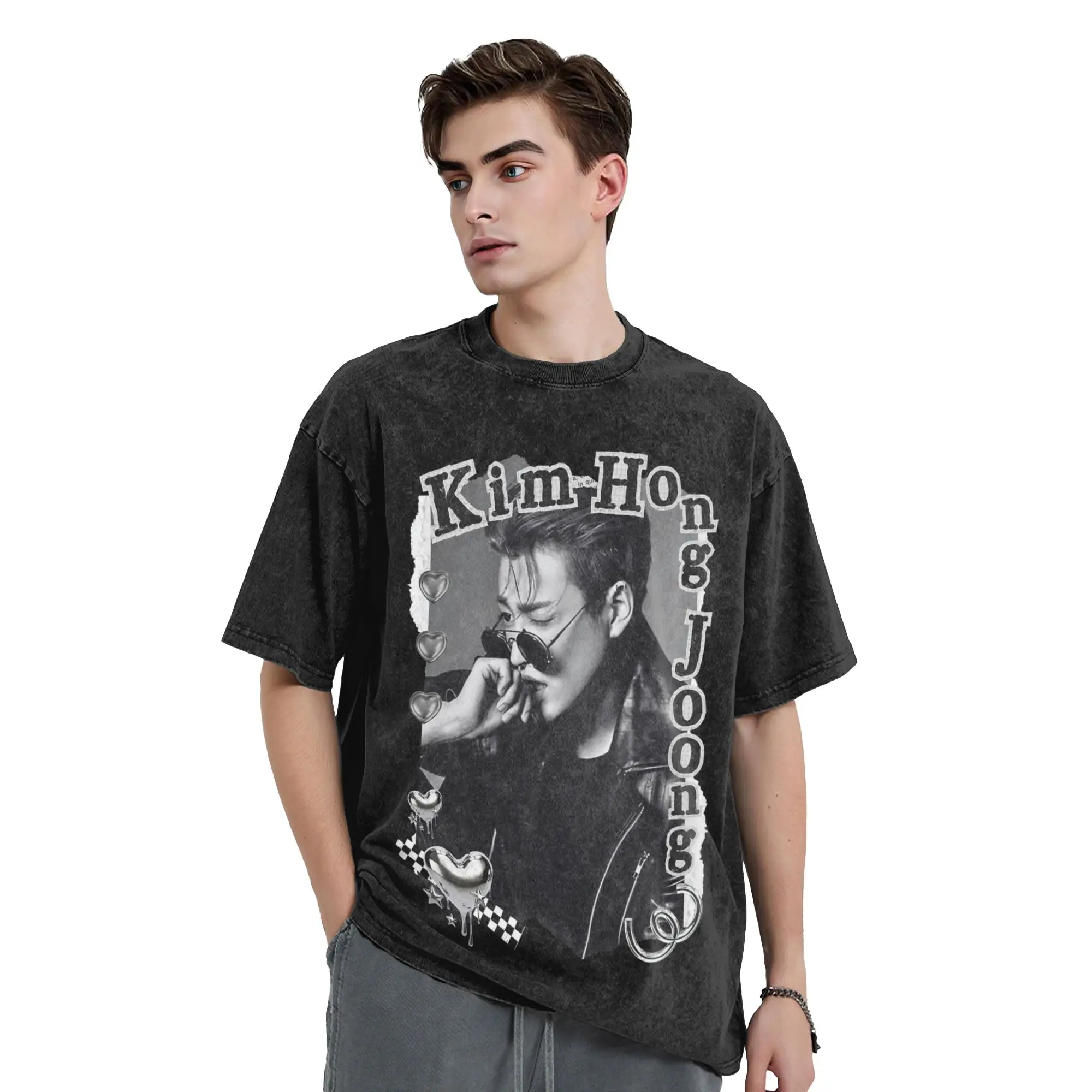 Kpop Boy Group A-Ateez Hongjoong Washed T Shirt Streetwear  Vintage T-Shirts  Tees Tops Men Women 100% Cotton Oversize Printed