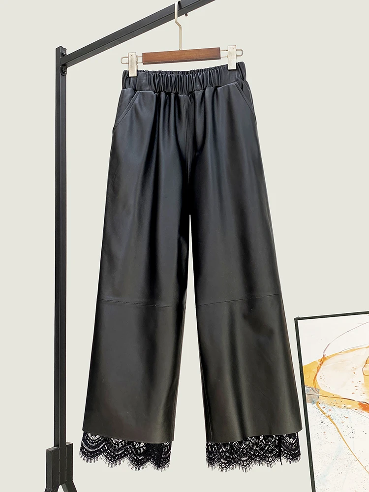 Design Lace Stitching Straight-Leg Pants Winter New High Quality Genuine Real Leather Women's Waist Sheepskin Trousers