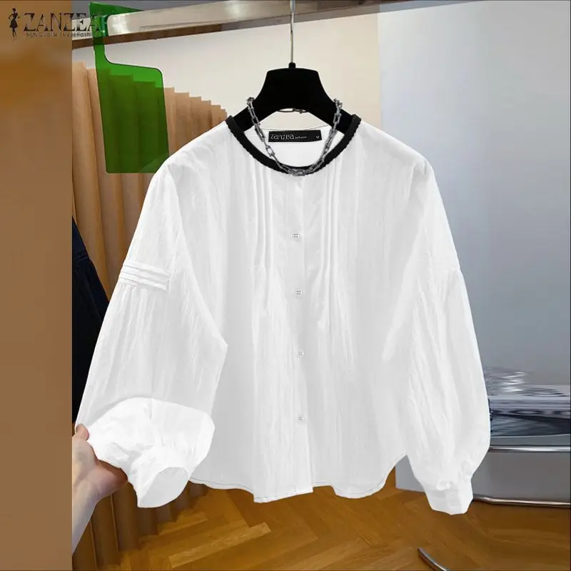 

2026 Spring Elegant Shirts ZANZEA Stylish Women Patchwork Work Blouse Casual O Neck Long Sleeve Tops Female Buttons Up Shirts