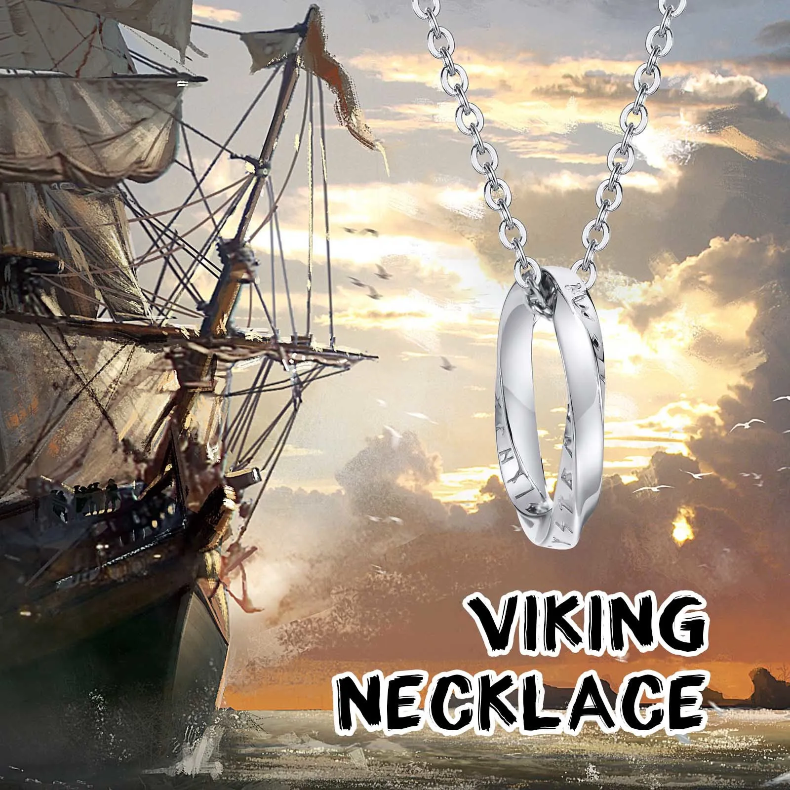 Men\'s Norse Viking Necklaces, Never Fade Silver Color Stainless Steel Mobius Round Pendant Collar Male Gift Jewelry