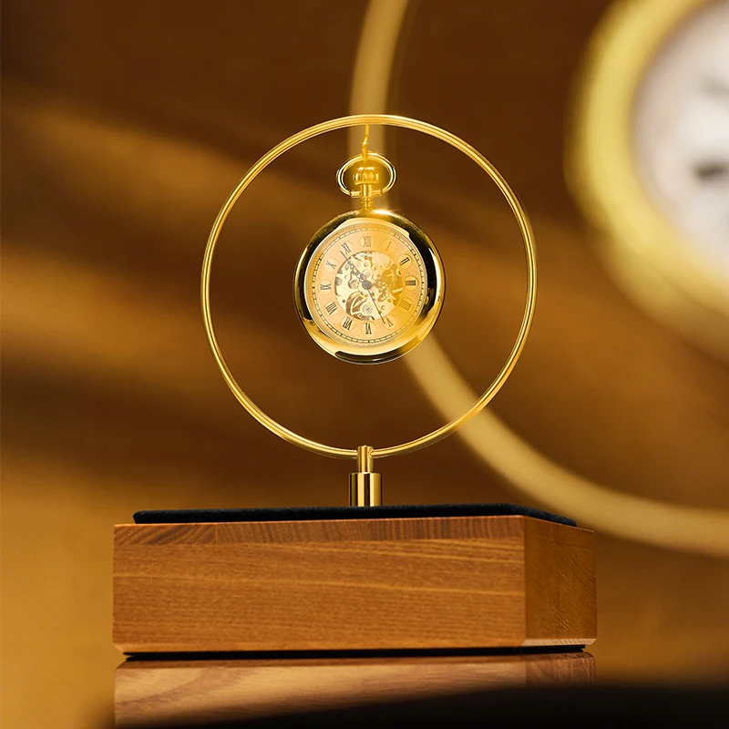 Oirlv Luxury Pocket Watch Display Stand Gold Metal Ring & Solid Wood Base, Elegant Desktop Holder for Mechanical Pocket Watches