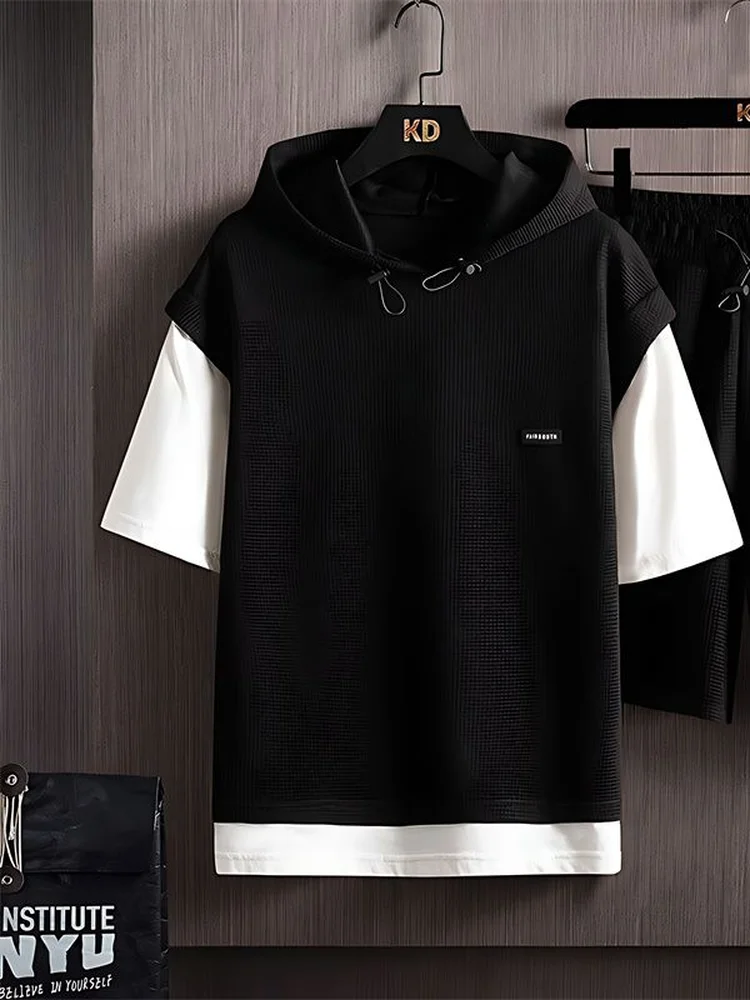Conjunto de Moletom Masculino de Manga Curta com Caimento Solto, Tendência de Verão, Marca Moderna, Camiseta Falsa de Duas Pe...