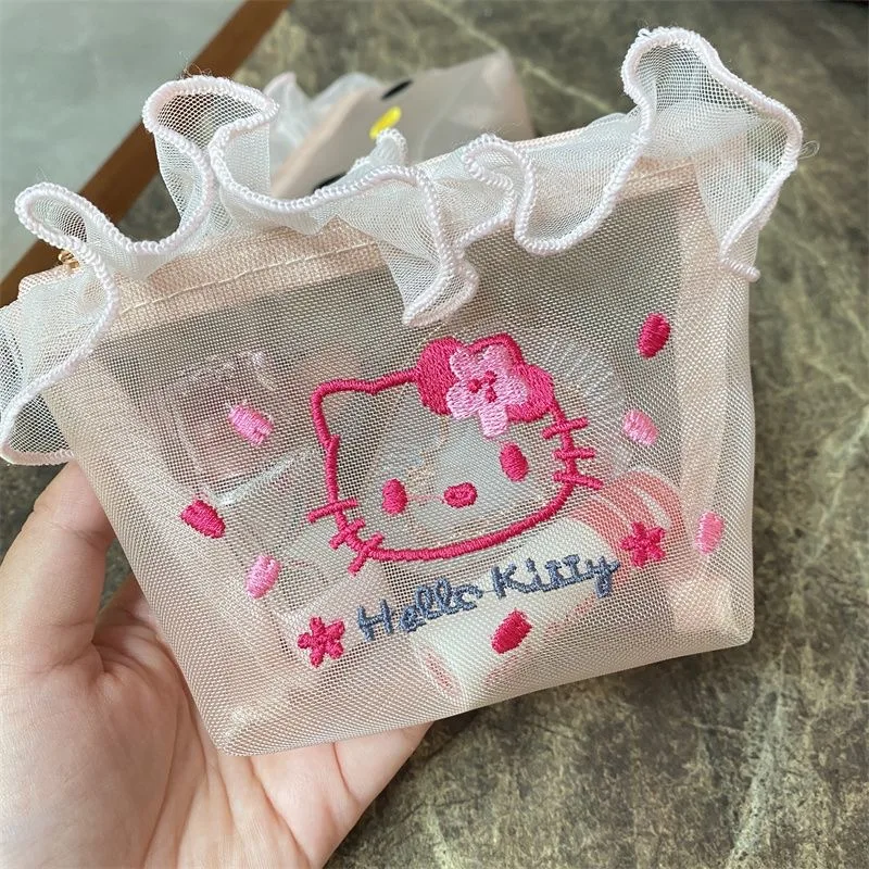 Kawaii Girl Pink Mesh Embroidery Hello Kitty Cosmetic Bag Mini Harajuku Japanese Girl Portable Makeup Storage Bag Charm Gift