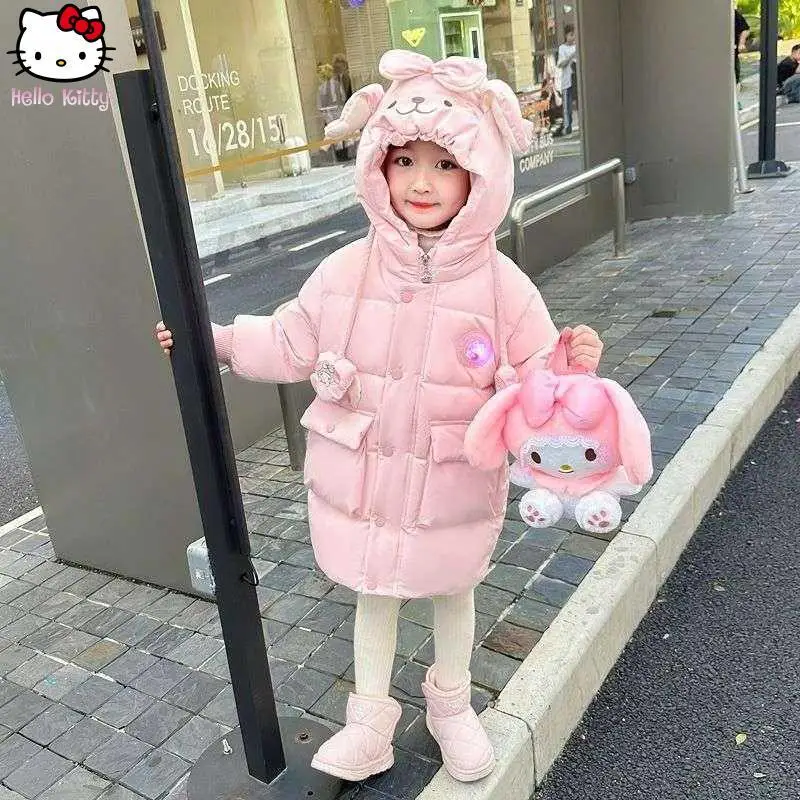 

Kuromi Girls Kawaii Cartoon Hooded Warm Cotton Coat Anime Autumn Winter New Coat Mid Length Thick Cotton Jacket Sanrio Free Bag