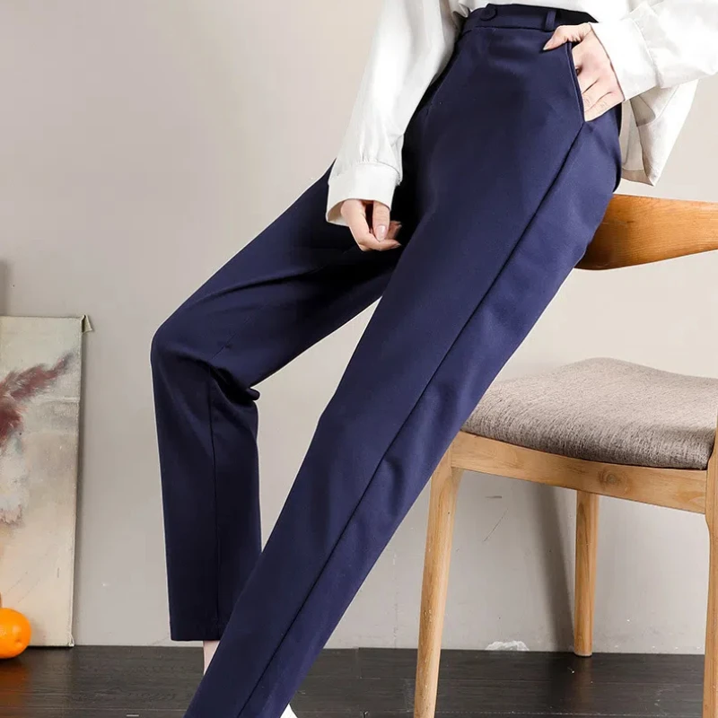 Pantalones de cintura alta con botones y cremallera para mujer, trajes de pantalón de Color sólido, ropa de primavera y otoño, pantalones formales rectos