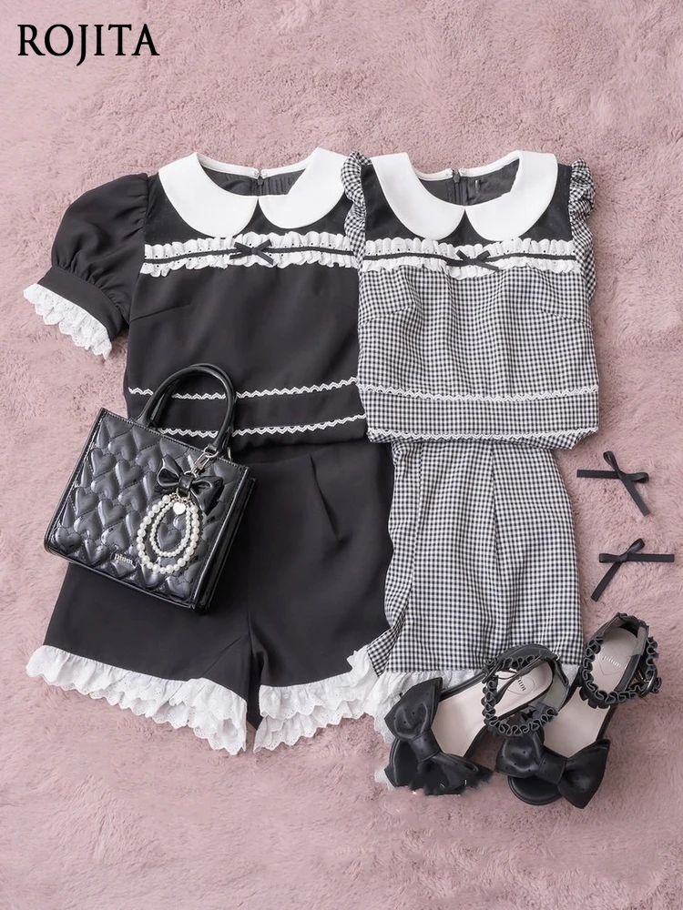 

Japanese Sweet Girl Style Bow Lace Trim Patchwork Doll Collar Short Sleeve Top + Lace Shorts Set Two Piece Sets Womens Outifits