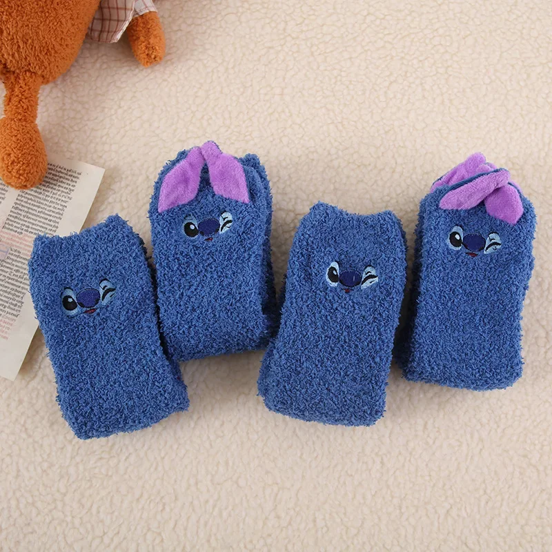 

Disney Stitch Fluffy Sock Anime Winter Warm Thickened Coral Fleece Socks Soft Comfortable Sleeping Embroidery Anti-slip Socks
