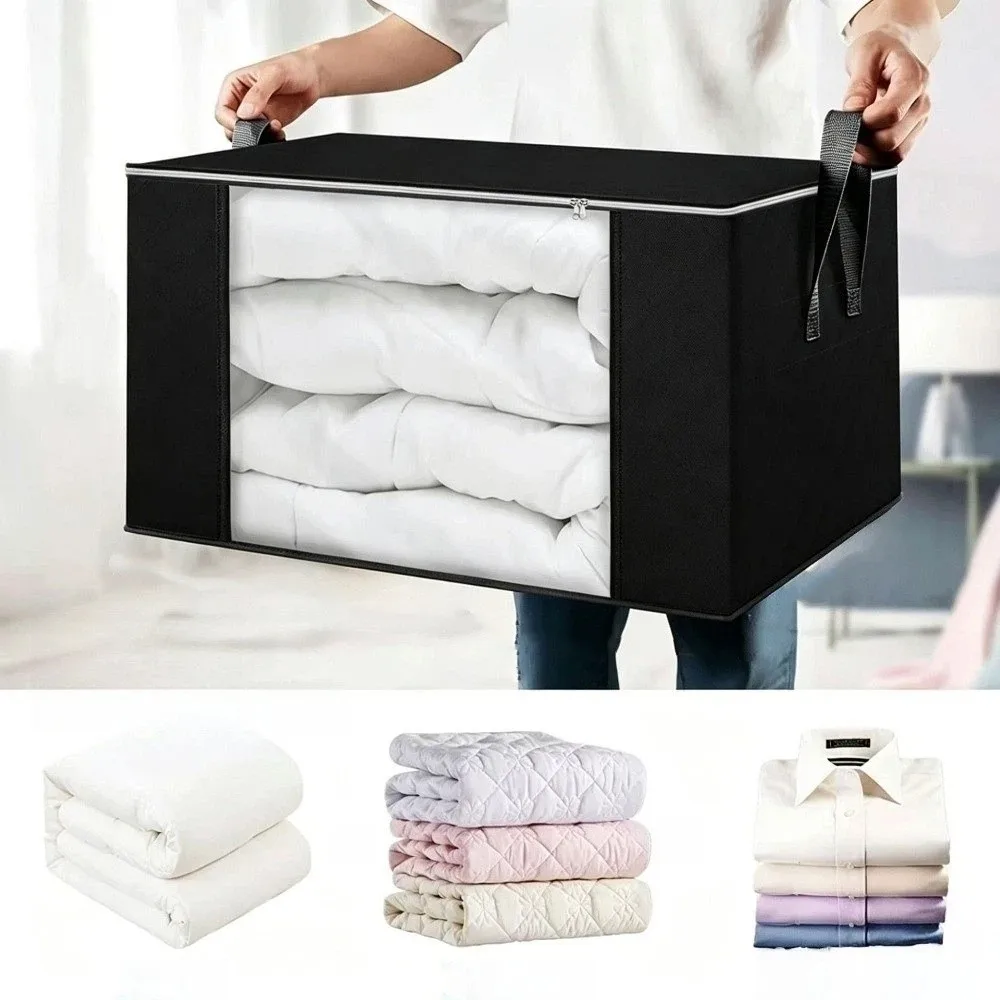Oversized Foldable Storage Bag With Visible Windows Non-woven Clothing Organizer Durable Reinforced Handle Quilt Organizer