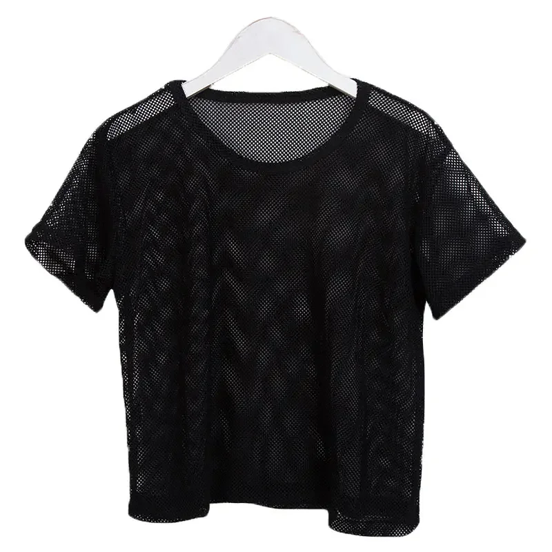 Camicia da yoga in rete da donna T-shirt sexy a maniche corte Camicetta sportiva Coprispalle ad asciugatura rapida Abbigliamento da palestra Canotta fitness da corsa Abbigliamento sportivo