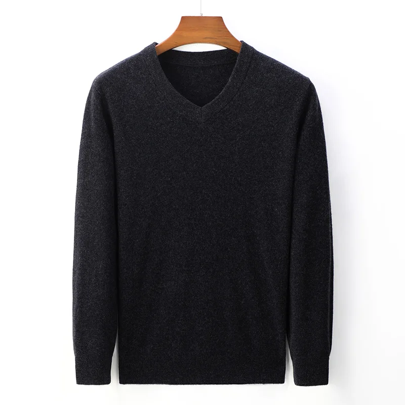 Top Grade 100% Wool New Warm Knit Sweater Autumn Winter Classic Solid Color V-Neck Men's Knitwear Business Casual Wear