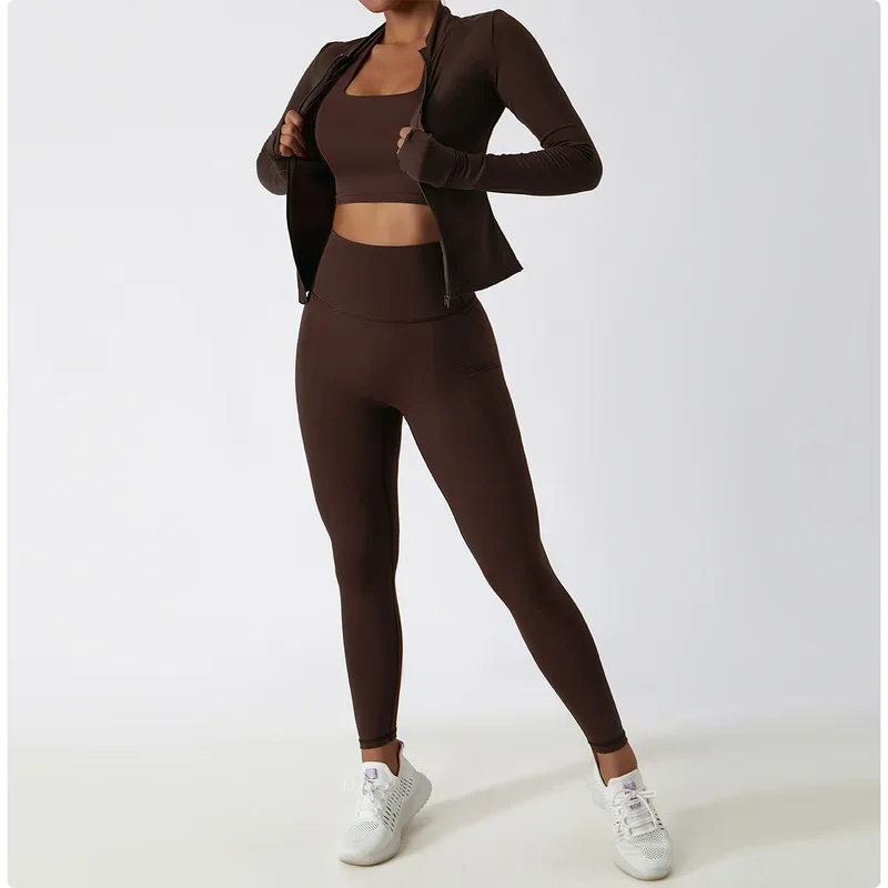 2 Piece Yoga Suits Yoga Clothes Women High Waist Leggings Zipper Long Sleeves Gym Workout Fitness Clothes Set Running Sportswear