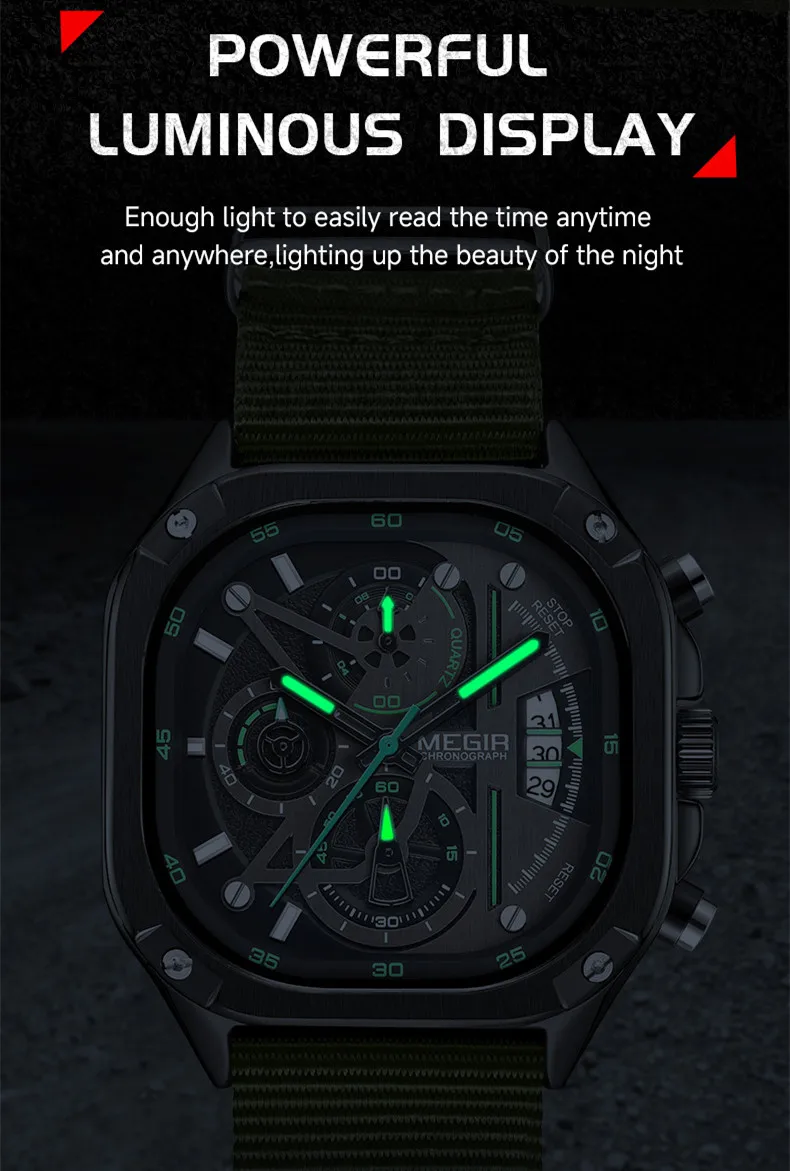 Fashion Megir Green Canvas Band Men\'s Quartz Sports Waterproof Clock Chronograph Luminous Hands Large Dial For Men Wrist Watches