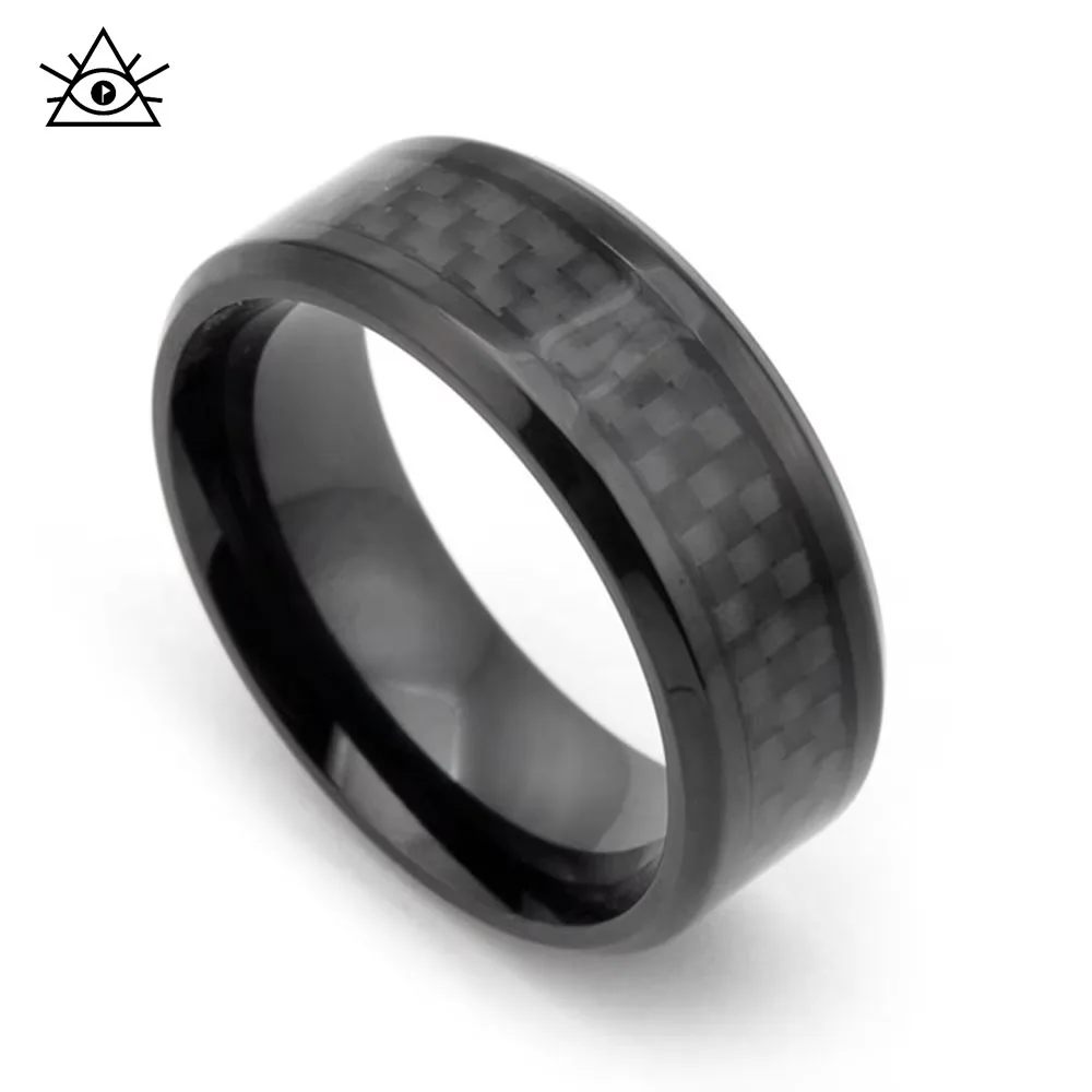 Fashionable Stainless Steel Men's Black Carbon Fiber Ring Inner Arc Groove Epoxy Hand Jewelry