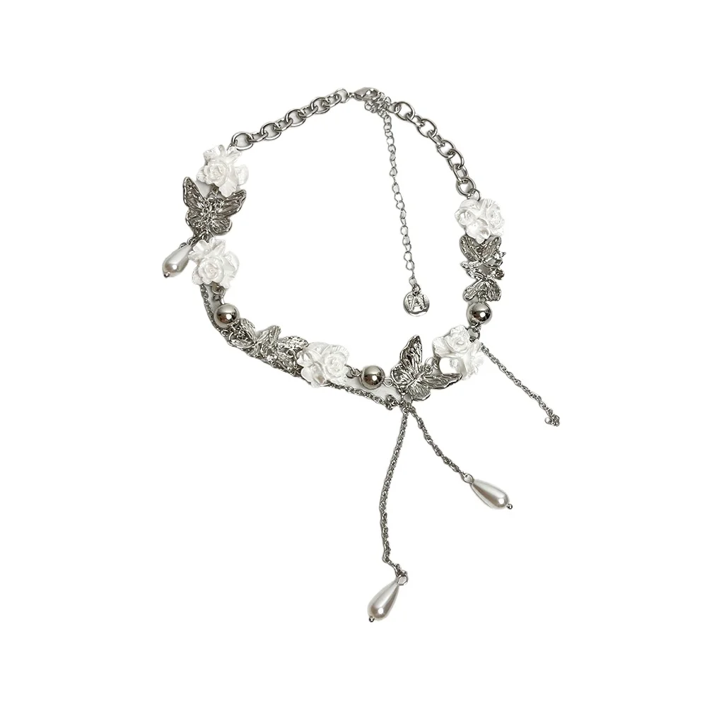 

French White Flower Butterfly Pearl Tassel Necklace Women's Light Luxury Niche Clavicle Chain
