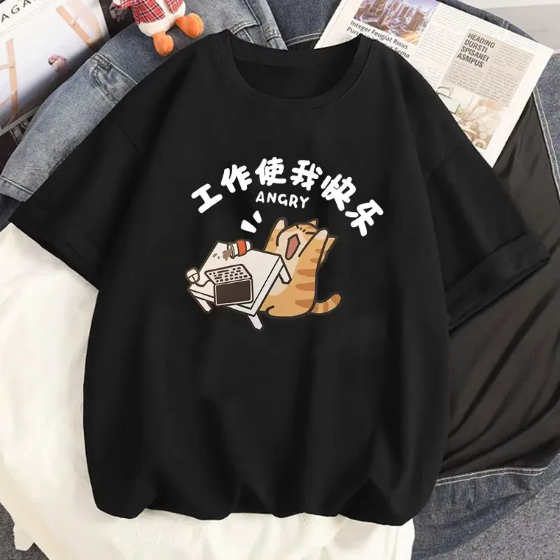 

Cartoon Cat T-shirt for Women Comfortable Punk Gothic Round Neck Top Casual Loose Short Sleeved Street Wear Anime Classic Y2k