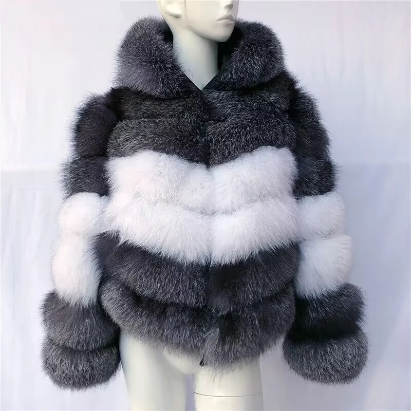 New Hooded True Fox Fur Coat Women\'s Fashion Silver Fox and Fox Hair Mixed Coat Natural Genuine Leather Grass Hooded Winter