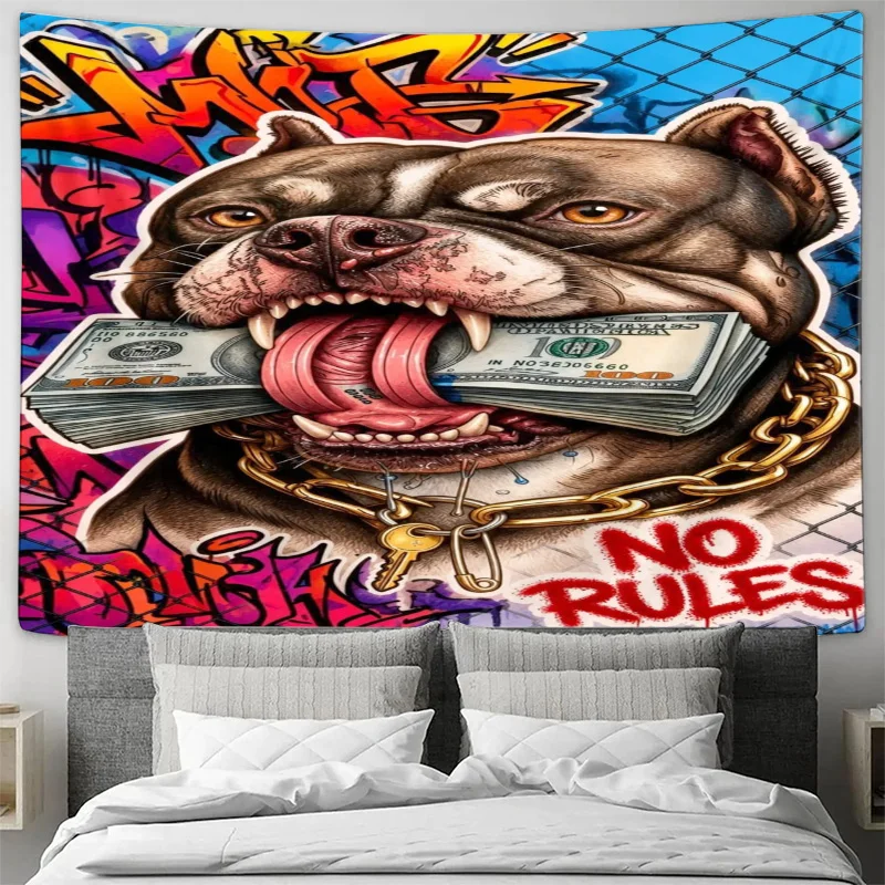Graffiti Pitbull Dog Tapestry Wall Art Hanging Pop Culture Street Style Money Decor Print Modern Living Room House Decor - view 3