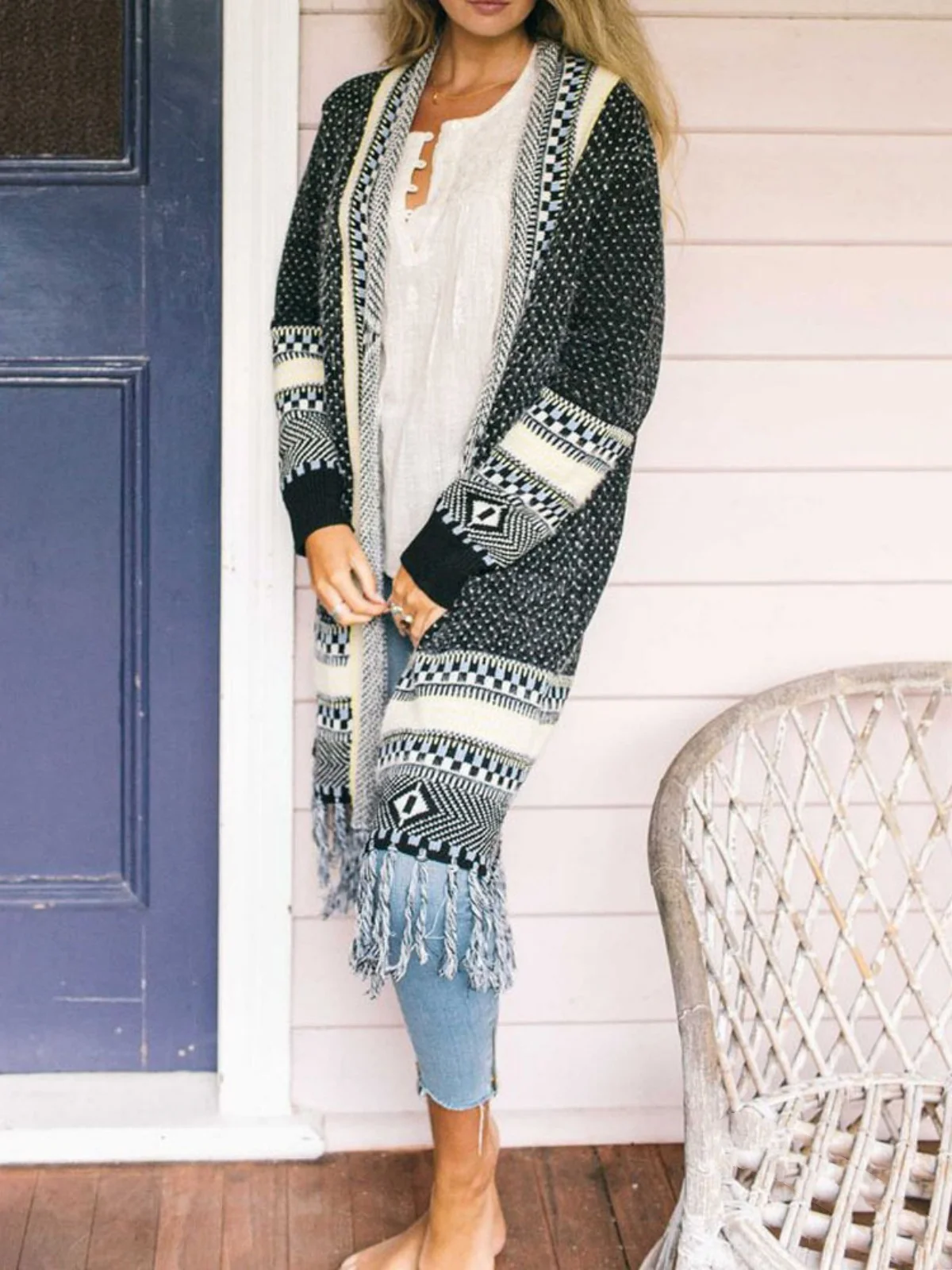 Boho Long Cardigan Women Open Front Maxi Knitted Sweaters Long Sleeve Hem Tassel Fringe Outerwears Folk Style Thin Coat Tops