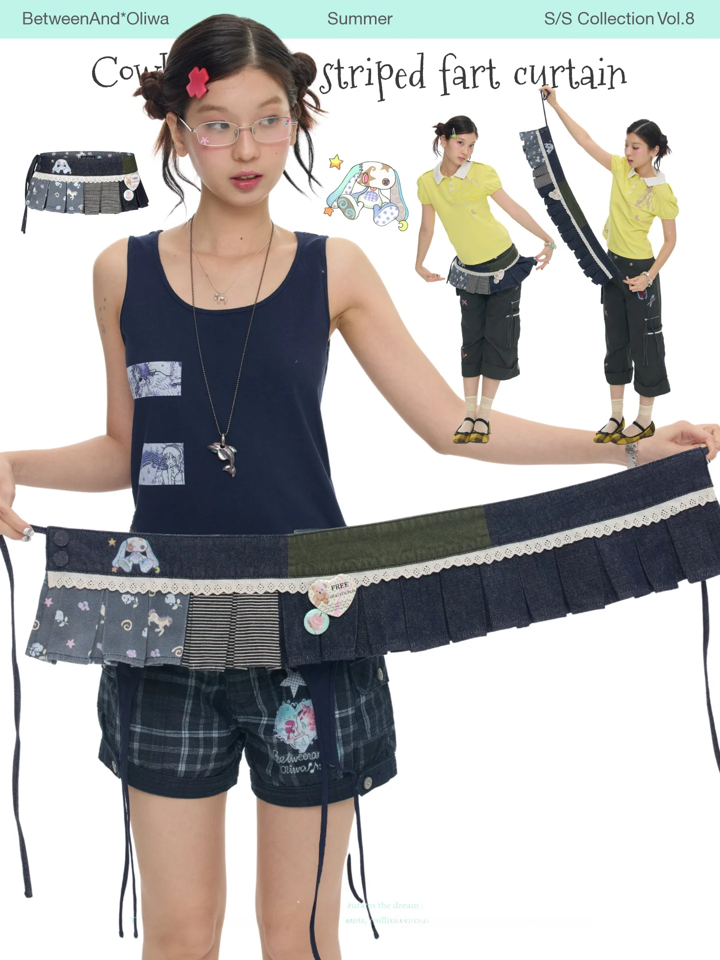 BENANDx Oli Frog Retro Blue Denim Striped Skirt Women High Waist Layering Sensation Overlap Wearing Casual Style Printed Poly...