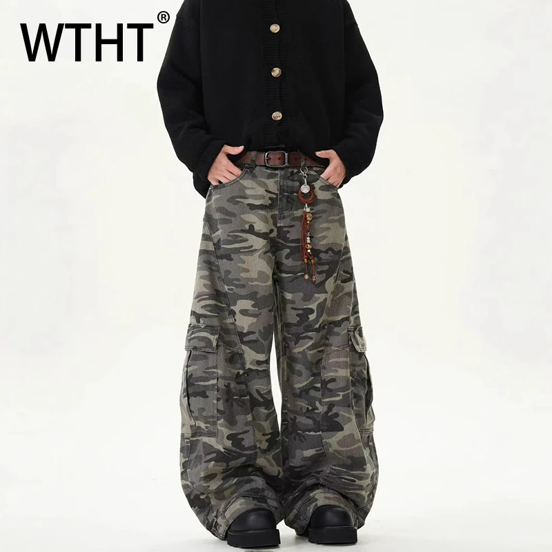 

WTHT Fashion Men's Patchwork Loose Camouflage Cargo Denim Pants Vintage High-waisted Wide Leg Jeans Male 2026 Summer 2A2986
