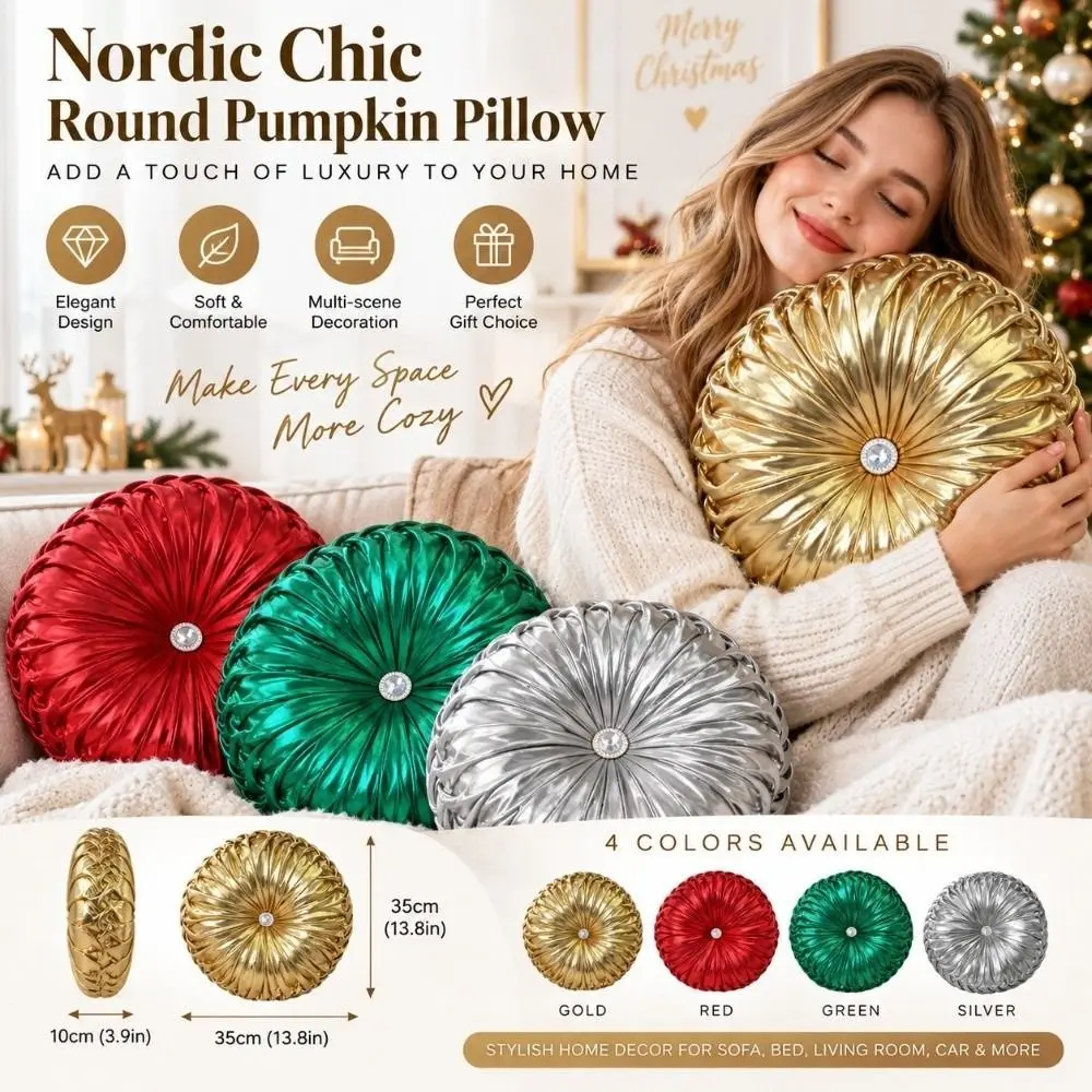 New 3D Pleated Pumpkin Throw Pillow Round Metallic Style Sofa Seat Cushion Sequins Round Wheel Cushion For Sofa Bed