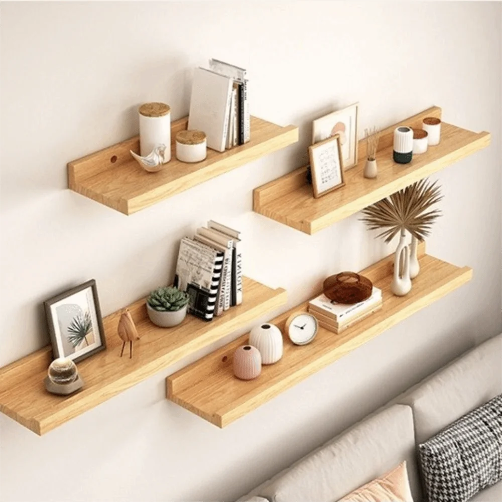 Space Saving Wooden Floating Shelf Minimalist Style Decorative Display Stand Rustic Wall Mounted Storage Rack Home Decor