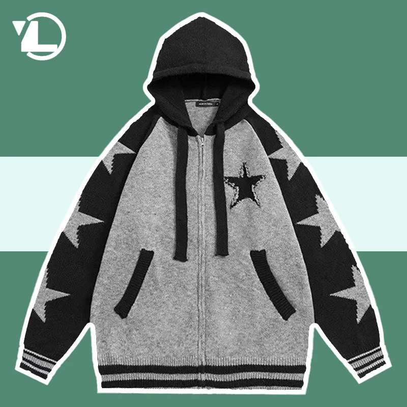 Star Pattern Hooded Knitted Japanese Retro Men Woman Japanese Loose Patchwork Hoodie Sweater Unisex Harajuku Cardigan Outwear