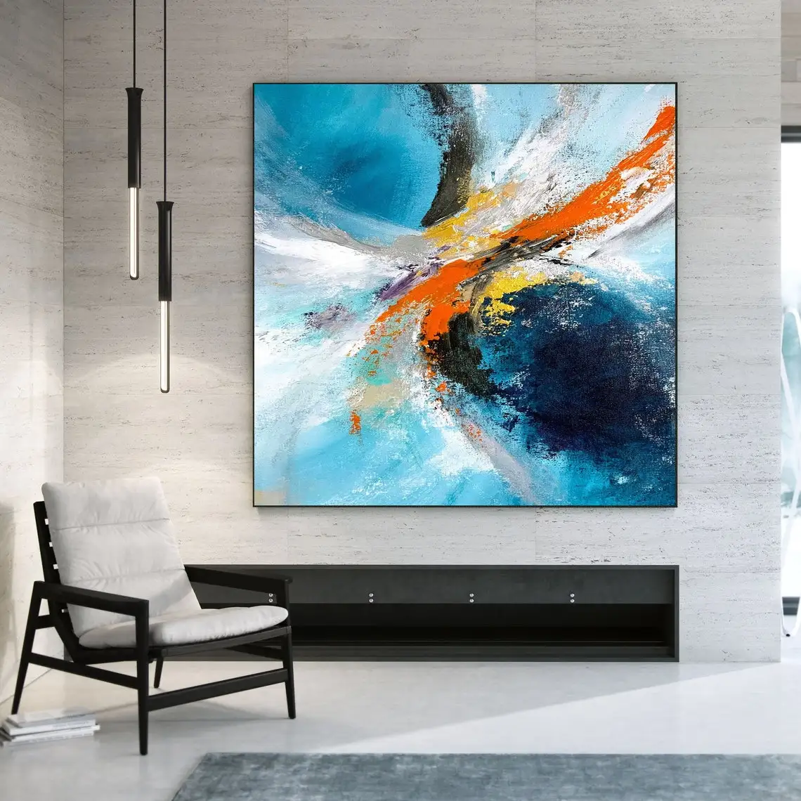 

Большая ручная роспись маслом на холсте, оригинальная абстрактная живопись, синие оранжевые волны, картина для гостиной, настенный декор