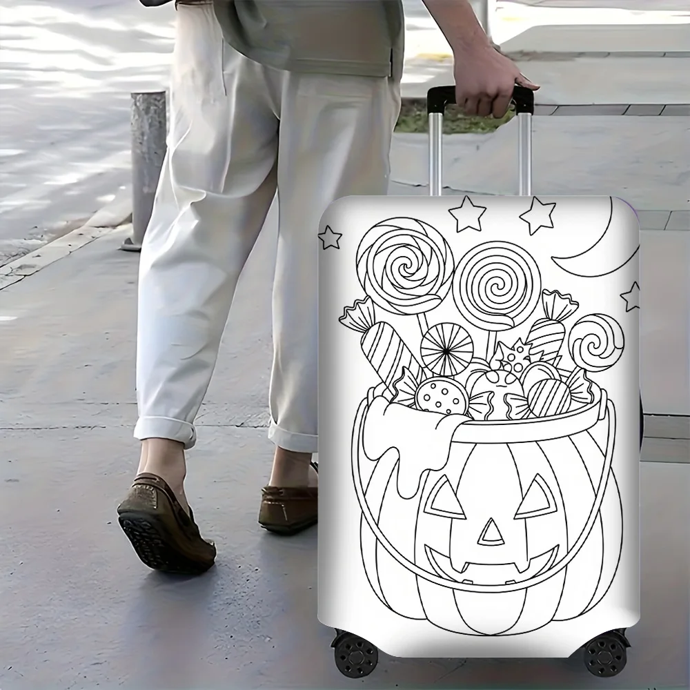 1PC Halloween Pumpkin Candy Print Luggage Cover with manual doodle colors. Fits luggage from 18-32 inches; dust and elastic trav