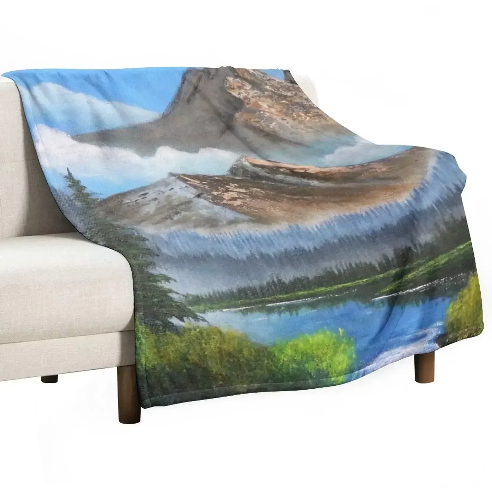 

Bob Ross Inspired Landscape - Mountain Art Throw Blanket Travel Soft Plush Plaid heavy to sleep Loose Blankets