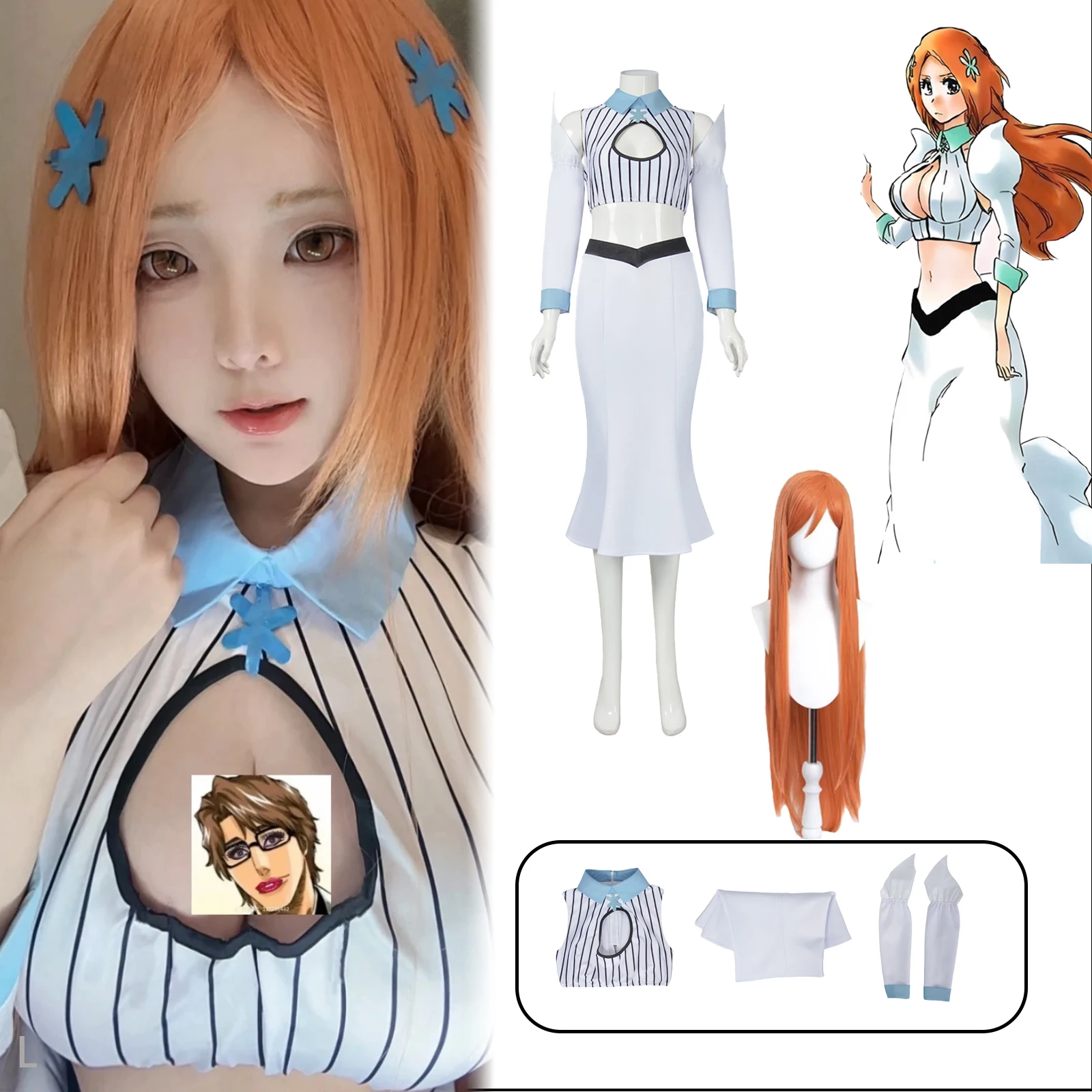 Anime Inoue Orihime Cosplay Costume Princess Dress Sexy Slim Fit Long Skirt Headwear for Woman Unifrom Carnival Halloween Outfit