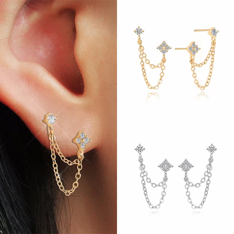 Huitan New Arrival Double Ear Studs Tassel Chains Hanging Earrings for Women Ear Piercing 3 Metal Color Luxury CZ Hot Jewelry