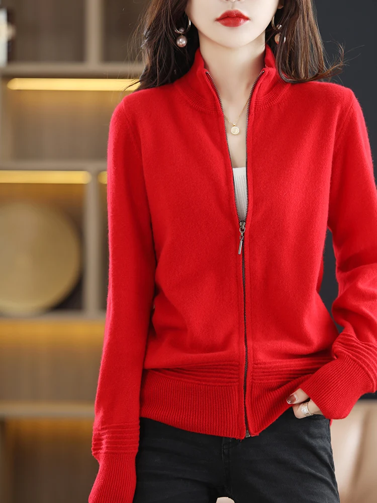 New Chic Zipper Cardigan Women 100% Merino Wool Sweater Autumn Winter Long Sleeve Casual Cashmere Knitwear Korean Fashion Coat