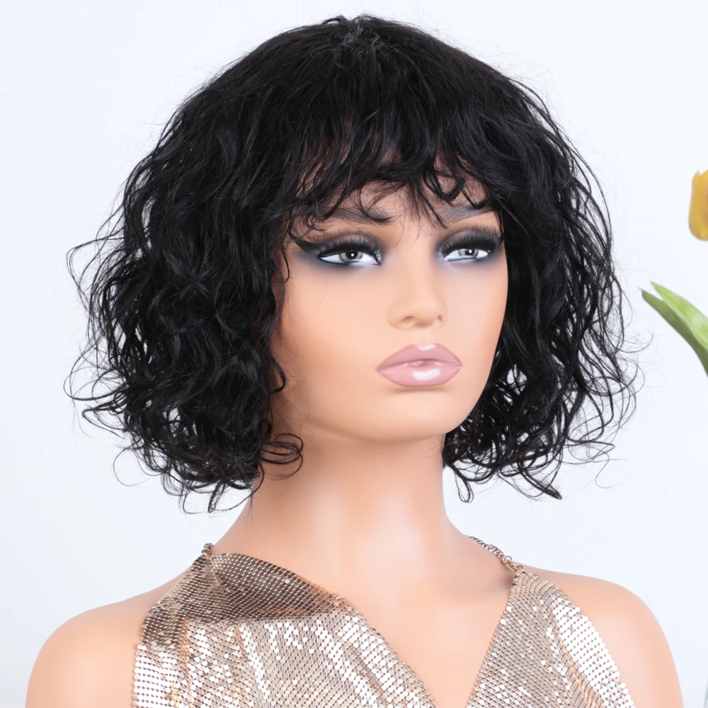 

Lekker Short Pixie Water Wave Curly Bob Human Hair Wig With Bangs For Women Brazilian Remy Hair Full Machine Made 10"Natural Wig