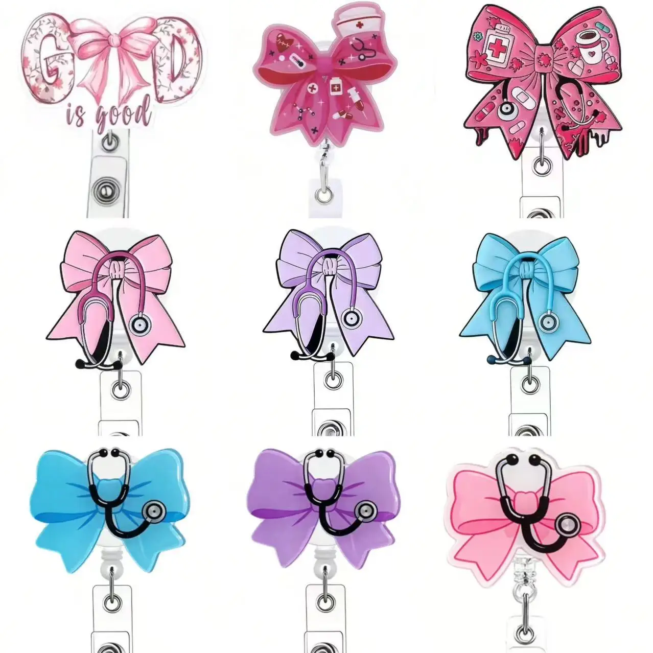 

1 шт. розовый выдвижной держатель для бейджа в виде стетоскопа с бантом – медицинский зажим для удостоверений для медсестер, врачей, офисного персонала, больниц, клиник, школ, и т.д.