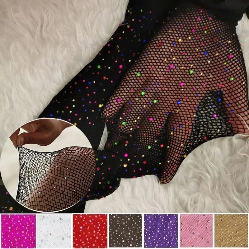 Pantimedias de rejilla con diamantes para mujer, medias de red brillantes a la moda, medias ajustadas de nailon con malla de diamantes de imitación