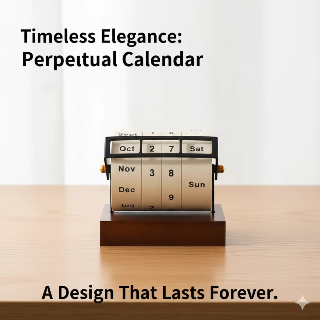 

Classic Retro Rotating Perpetual Calendar with Wooden Base, Day & Month Indicator for Desk Decor, Vintage Home Office Accessory