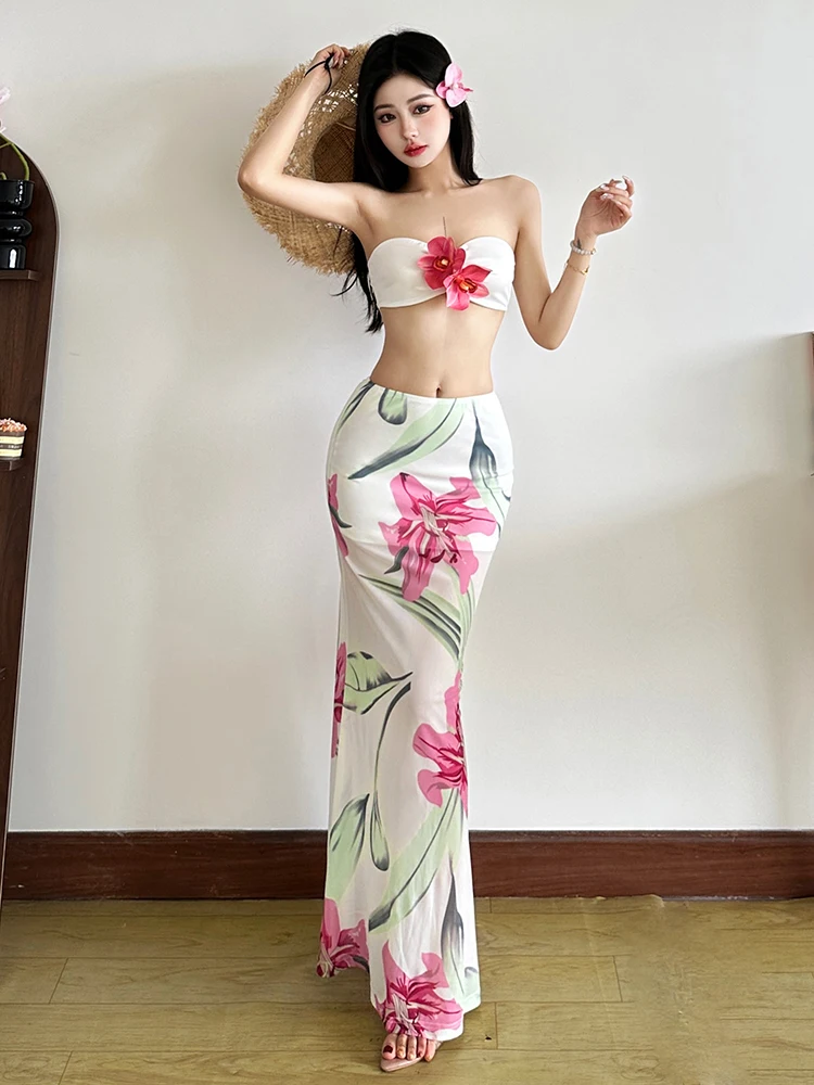 

Stunning Girl's High Waist ter Ne Floral Print Skirt And Top Two Piece Set Beautiful Holiday Sle Decoration