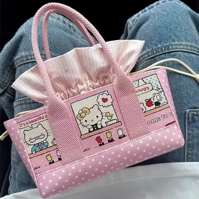 

Miniso Drawstring Hellokitty Cute Handbag Cartoon Kitty Cat Print Kawaii Bag Canvas Casual Pink Tote Bag Harajuku Bag Girls Gift
