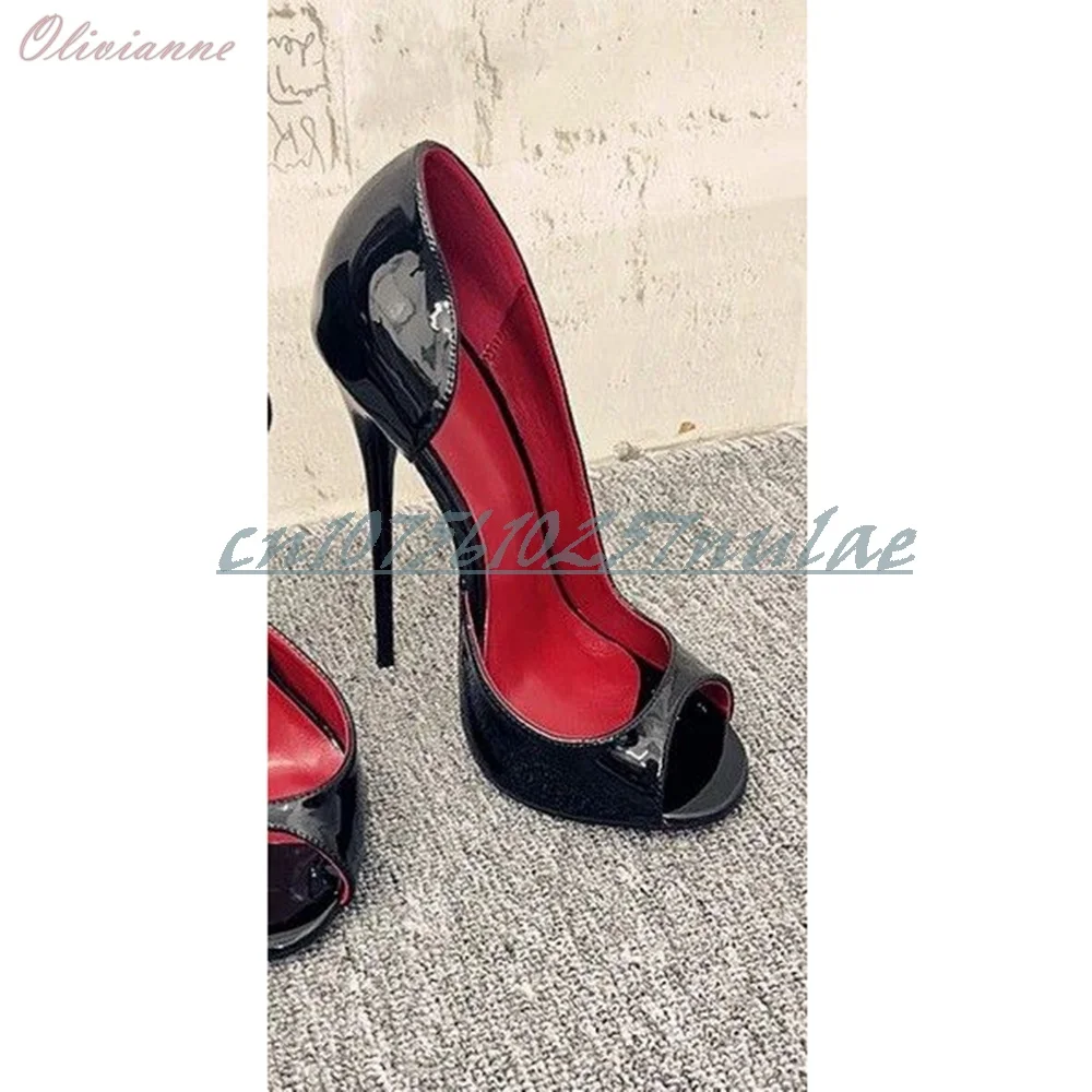 

Extreme Stiletto High Heel Peep Toe Shallow Pumps Black Shiny Leather Concise Fashion Sexy 2026 Summer Women Shoes Para Mujere