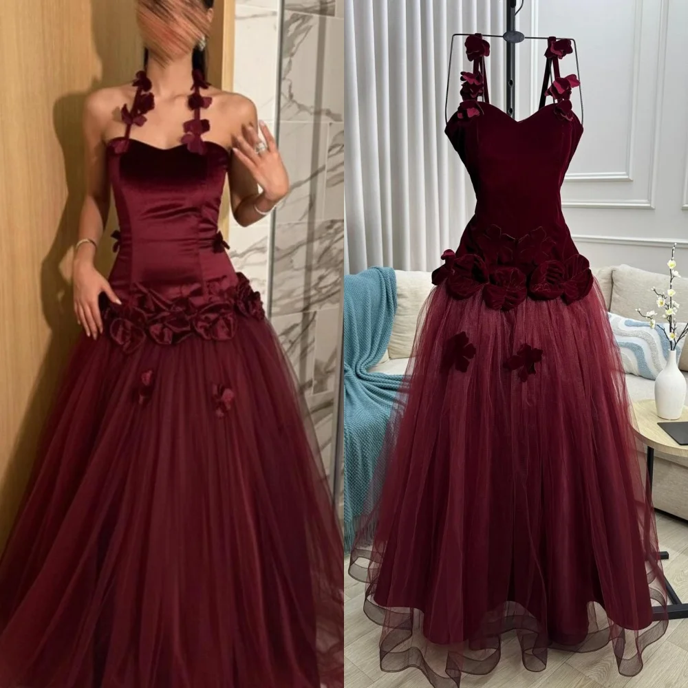 

Customized Sexy High Quality Velour Tulle Handmade Flower Pleat Ruched A-line Halter Long Dresses Evening Dresses Modern Style
