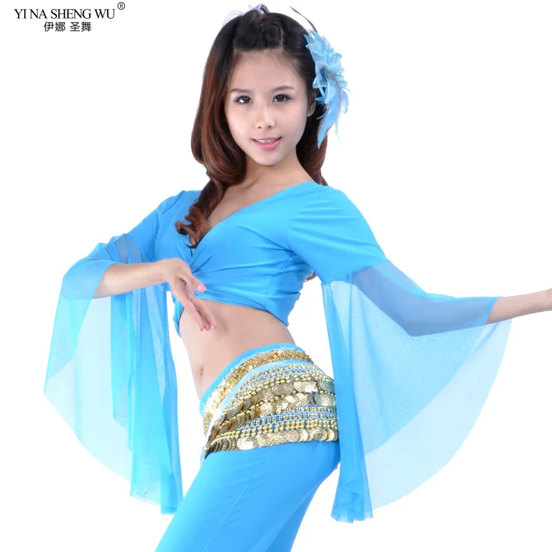 2019 Belly Dance Performance TOP Hot ผู้หญิงเซ็กซี่ V คอชีฟอง Lake Blue Belly Dance Tops เต้นรำเครื่องแต่งกายคุณภาพสูง