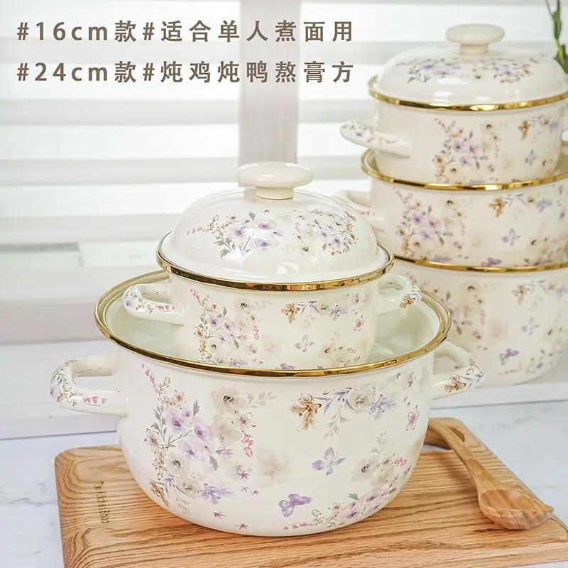 Enamel Soup Pot with Thickened , Household Titanium Gold Edge Stock Pot, Boiling Noodles, Boiling Water, Kitchen Cookware