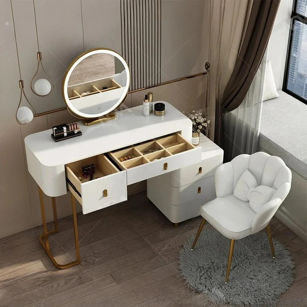 #White Slate Top Luxury Bedroom Makeup Vanity Table MDF Solid Wood Dressing Desk With Smart LED Light Mirror - view 4
