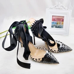 Spring/Summer 2025 Black Water Diamond Rivet Pointed Stiletto High Heels Women's Silk Foot Ring Strap Sexy Evening Shoes