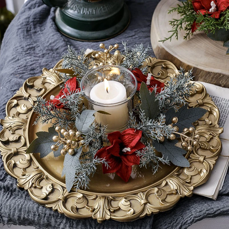 Christmas Candlestick Wreath Artificial Flowers Candle Ring Xmas New Year Table Decoration Candle Holder Garland