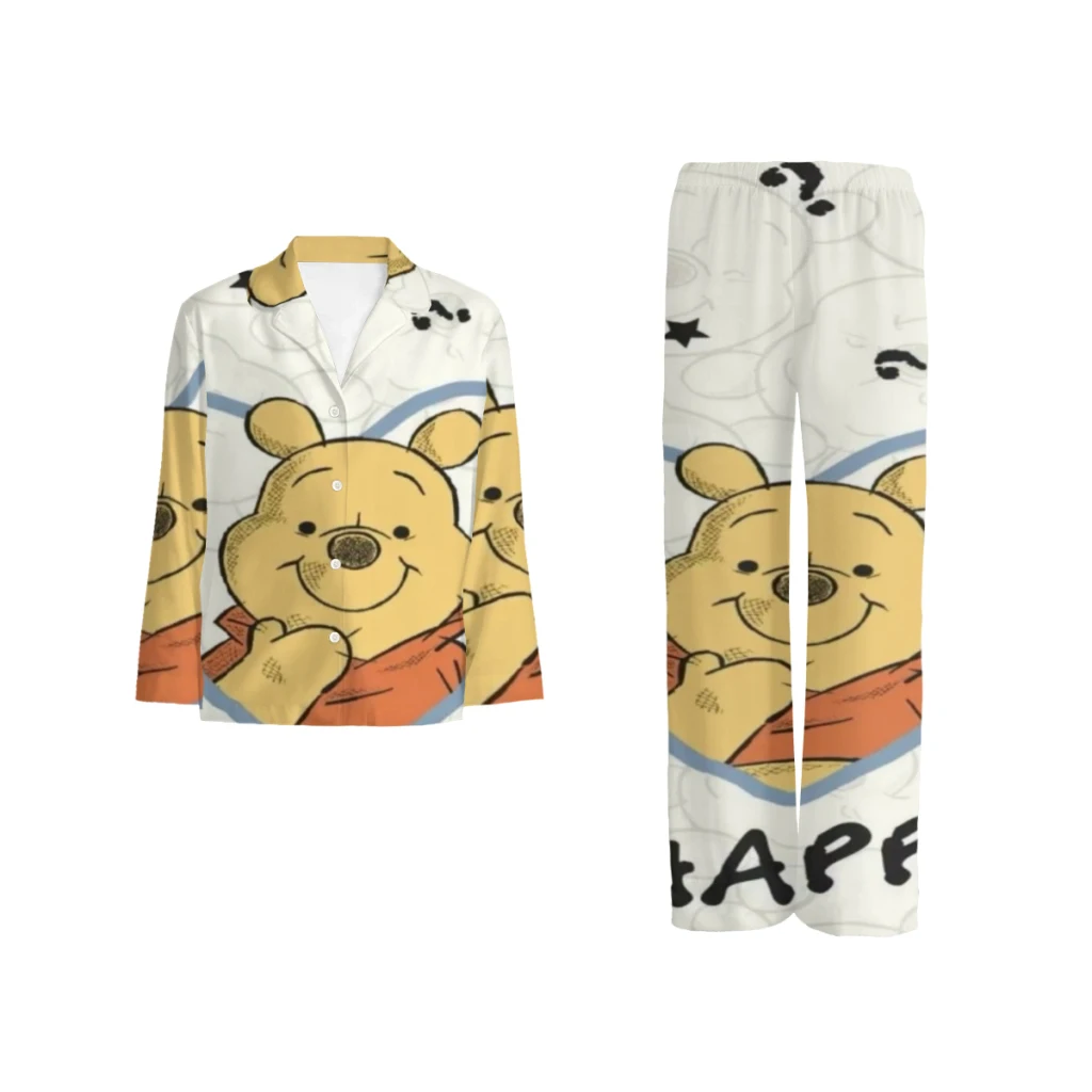 Conjunto de pijamas de algodón de Winnie de Disney The Pooh para hombres y mujeres, pijamas casuales con estampado de muñecos de fresa de manga largaDisney Winnie